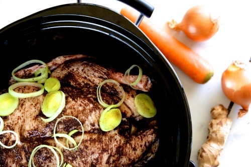 The maximum ideal amount of beef that should go in a 6-quart slow cooker is 5 to 6 lbs. 