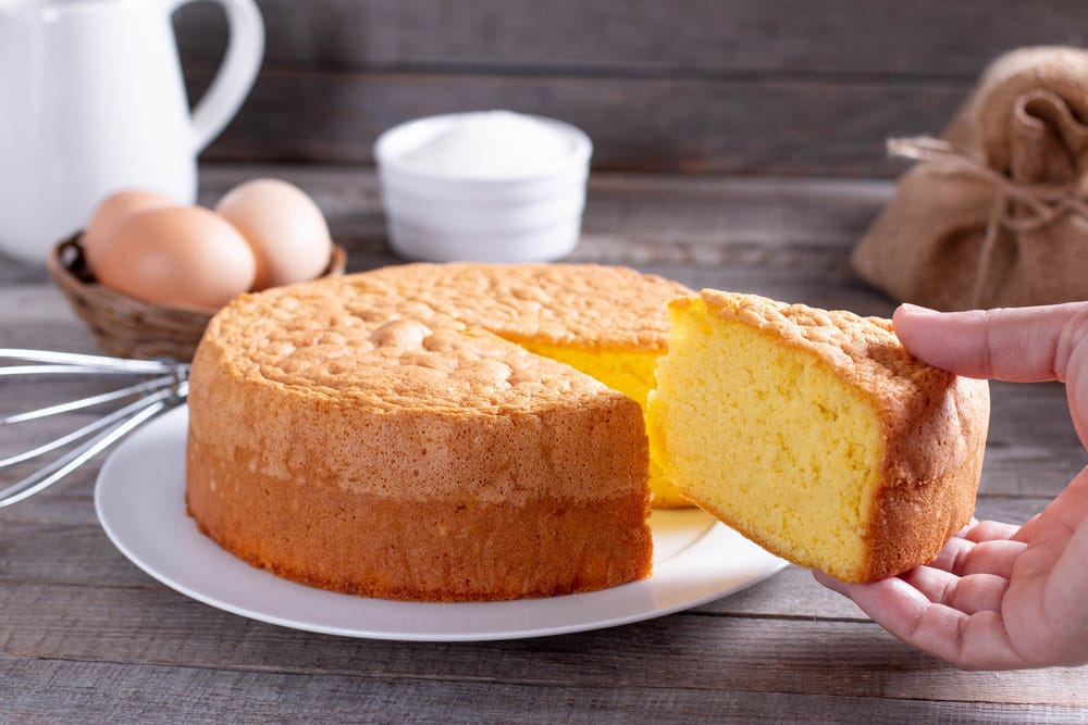 Homemade classic sponge cake, selective focus