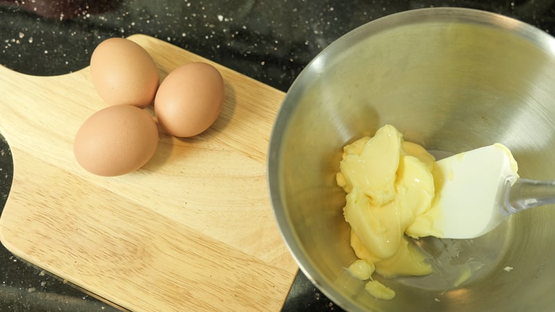 eggs wooden board butter bowl