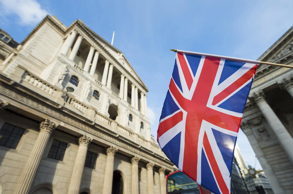 British Union Jack flag flying in front of the Bank