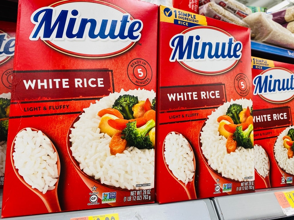 Boxes of Minute White Rice supermarket shelf