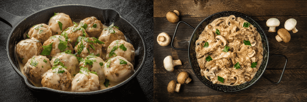 Swedish meatballs and beef stroganoff