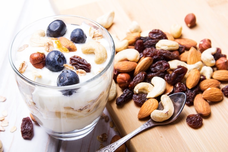 Dessert with yogurt, nuts, oats and blueberries