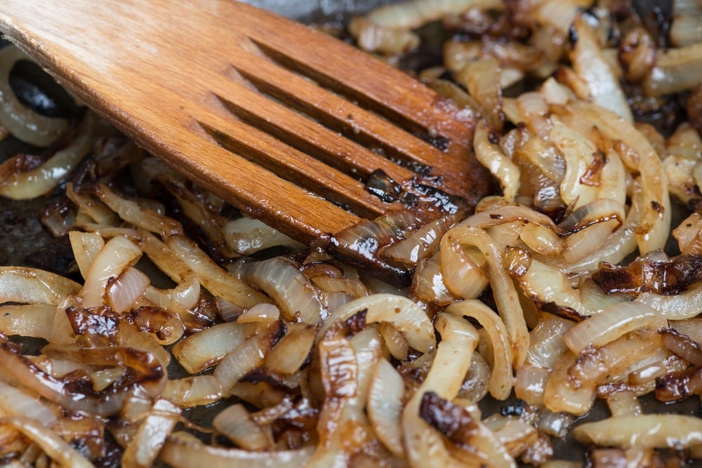 Onions caremelizing in frying pan
