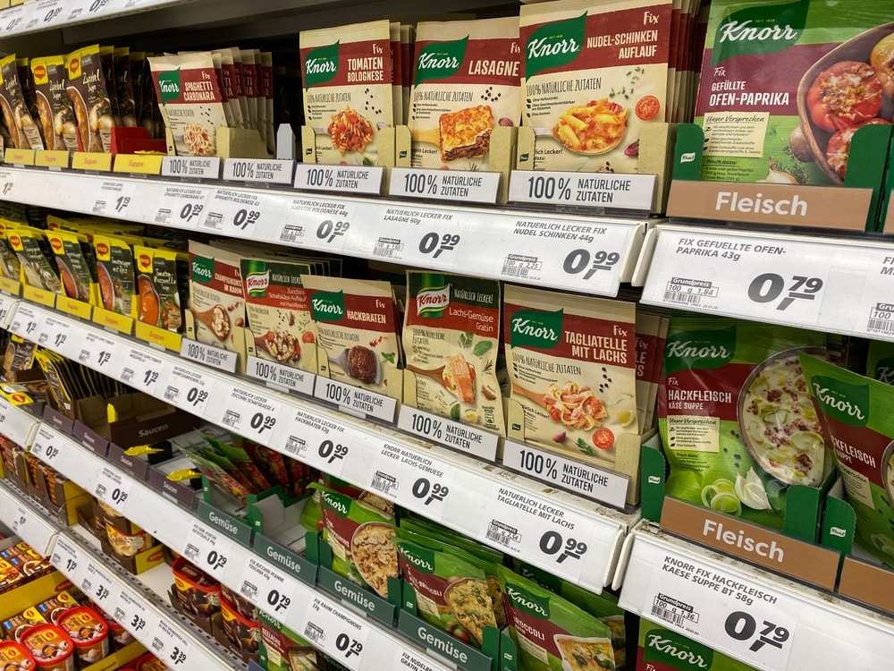 instant packet soup in shelf of german supermarket