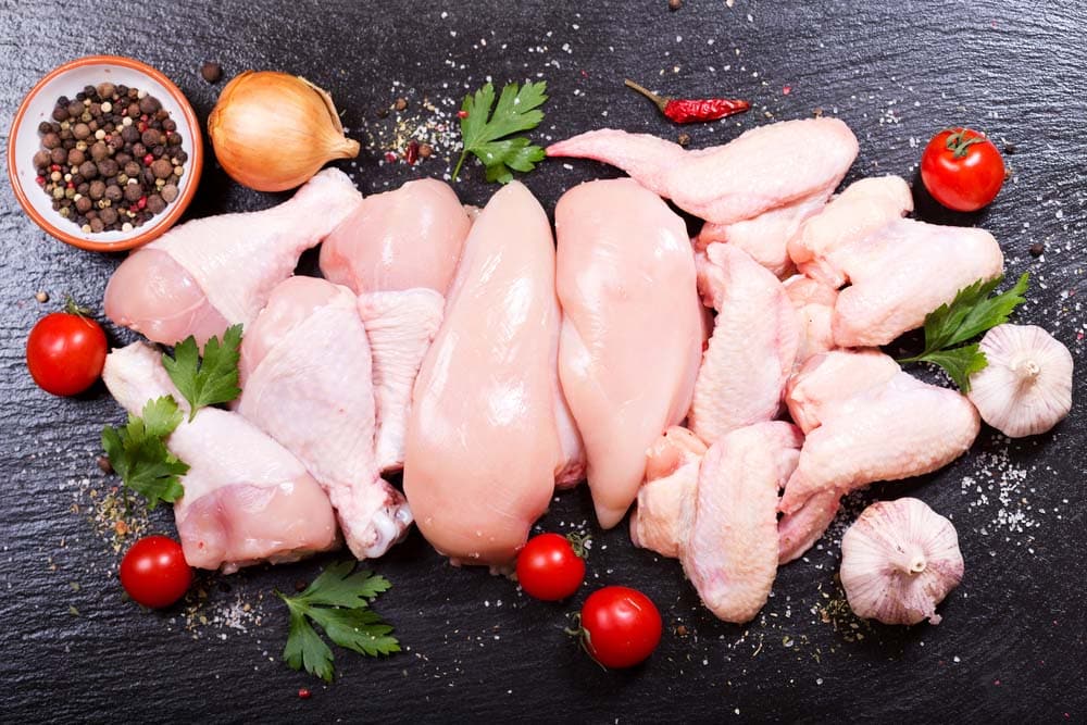 Raw Chicken Meat on Dark Board, Top View.