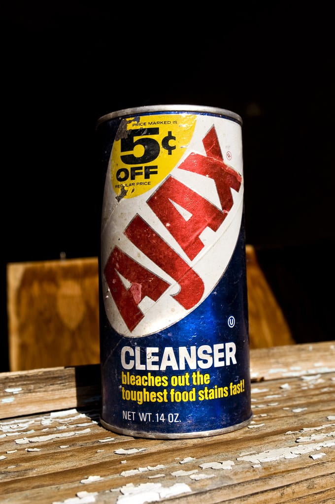 Ajax cleanser on the wooden table