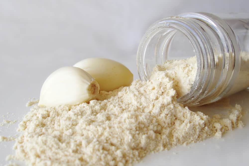 garlic powder spilling out of spice bottle with garlic gloves