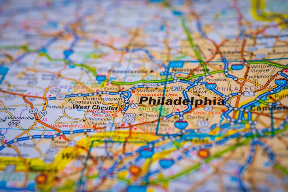 Philadelphia on USA map background