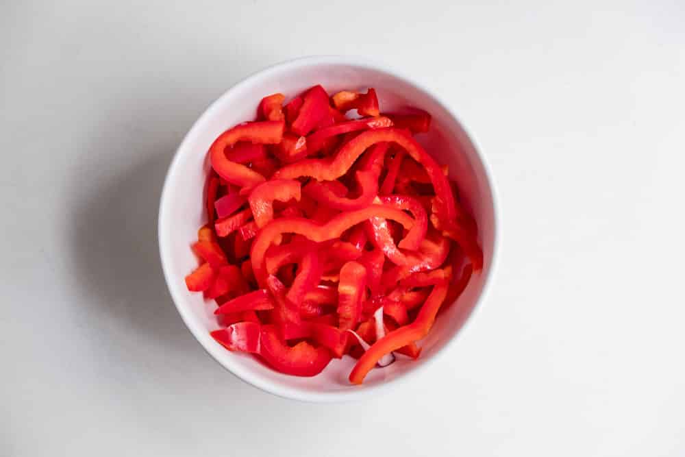 Top view of sliced red bell pepper
