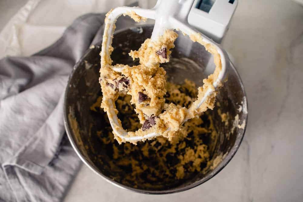 Stand Mixer Paddle Attachment Covered in Cookie Dough