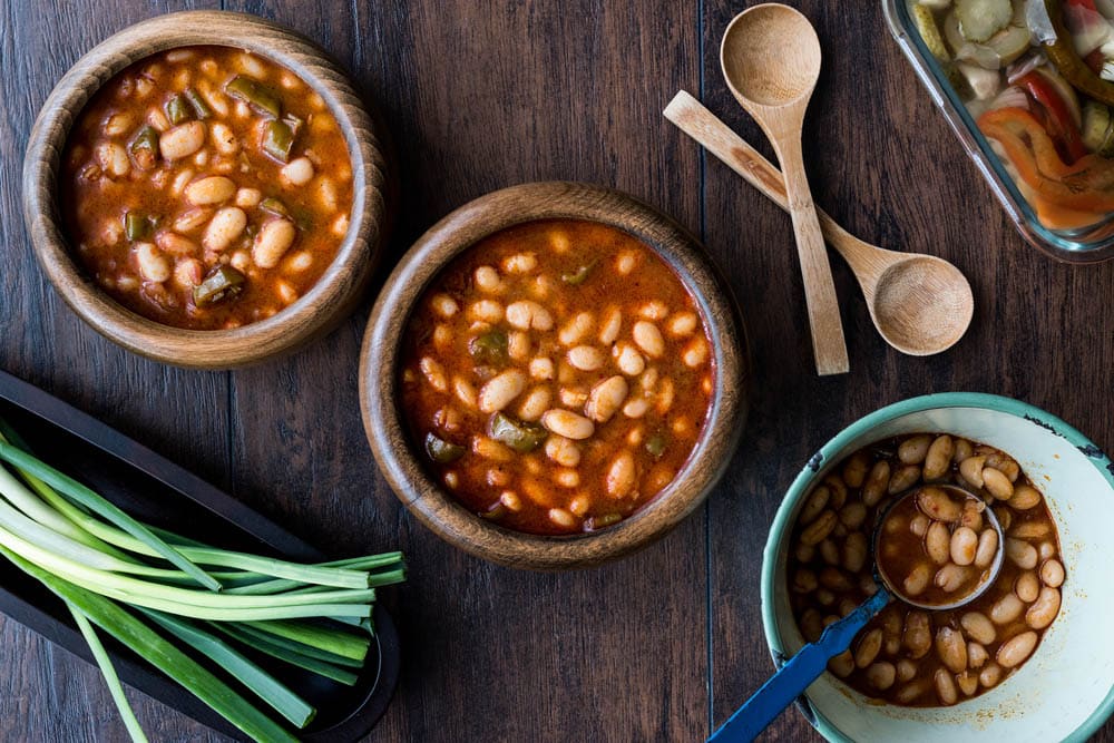 Baked Beans in a wooden bowl