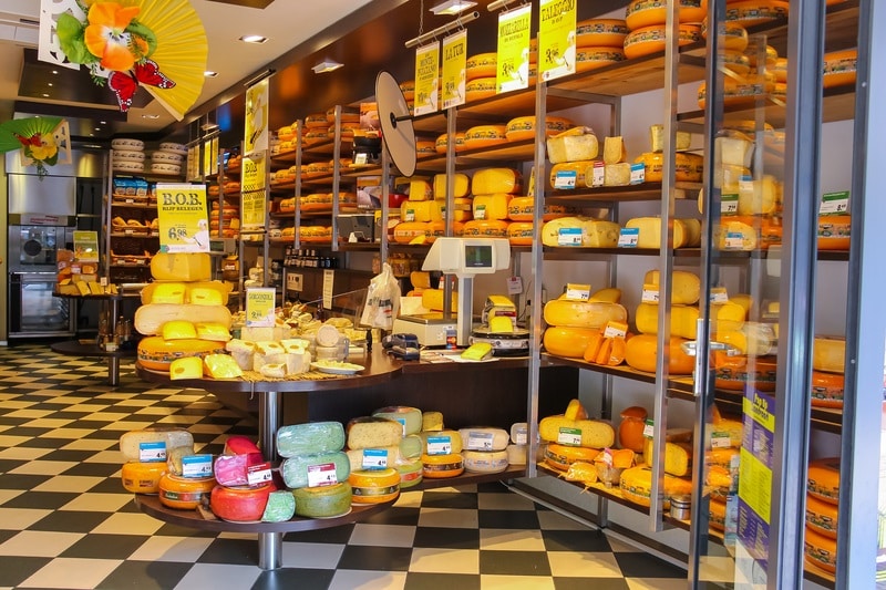  Shelves with products in cheese store
