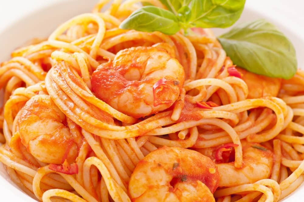 Spaghetti diablo with prawns