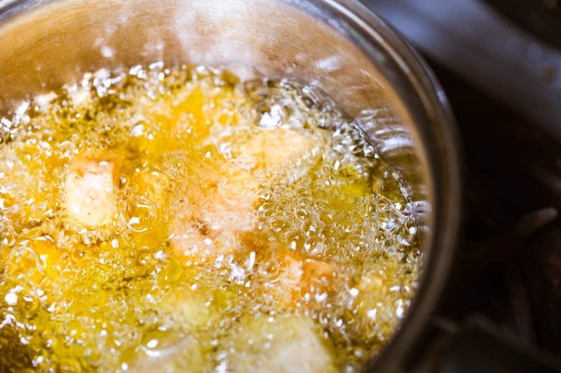 Deep frying in hot oil