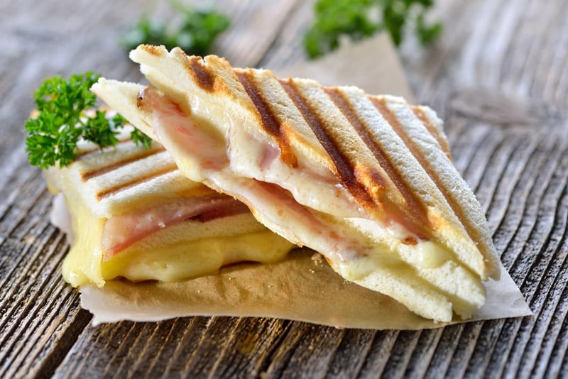 Pressed and toasted double panini with ham and cheese