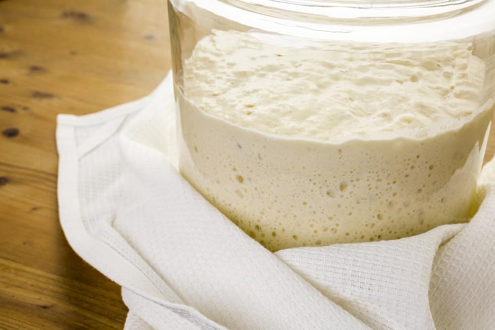 Sourdough starter in large glass jar on the table