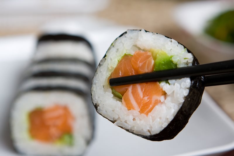 Plate of fresh salmon Japanese sushi