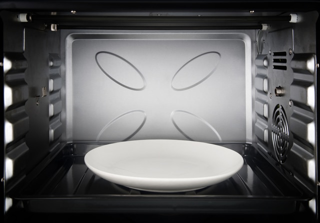 Empty plate inside electric oven, ready for food