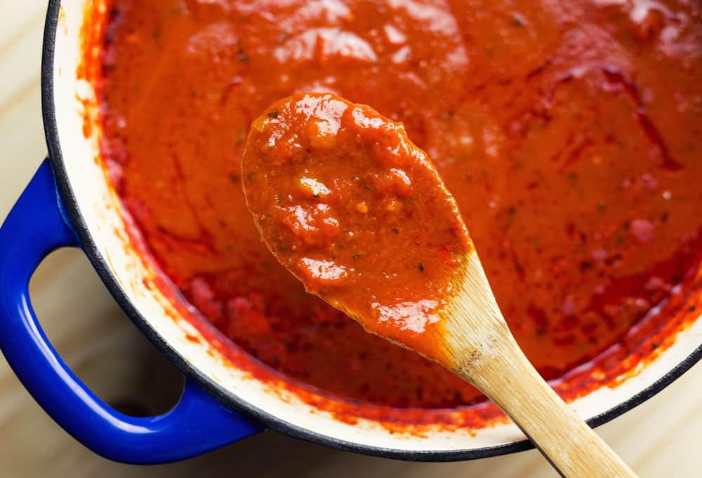 Overhead view of savory marinara in slow cooked