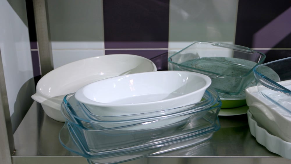 Set of glass baking trays at kitchen