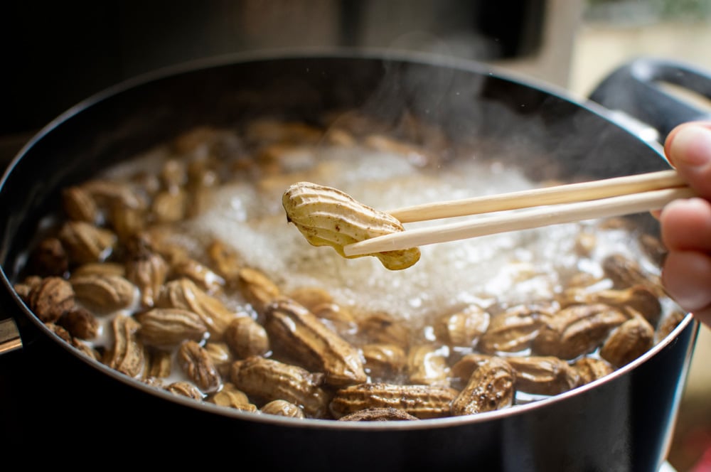 Peanuts boiled in chopsticks with boiling peanuts as a backdrop