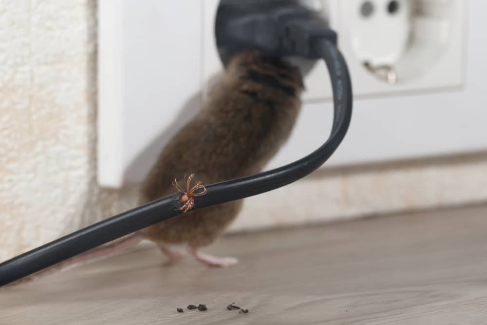 Closeup gnawed wire and mouse climbs into outlet