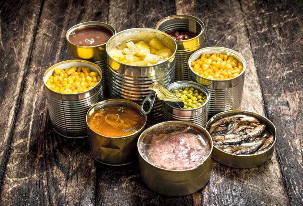 Various canned vegetables, meat, fish and fruits in tin cans