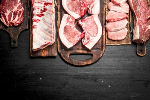 Different types of raw pork meat and beef