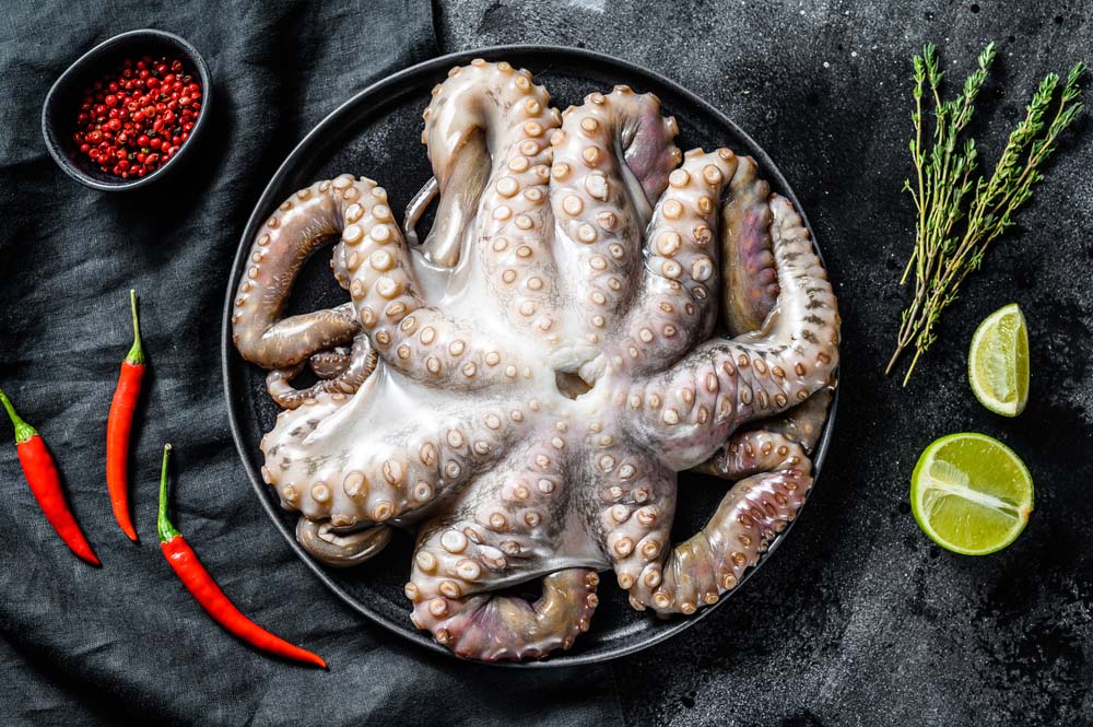 Fresh octopus with cooking ingredients, lime, thyme, chili pepper