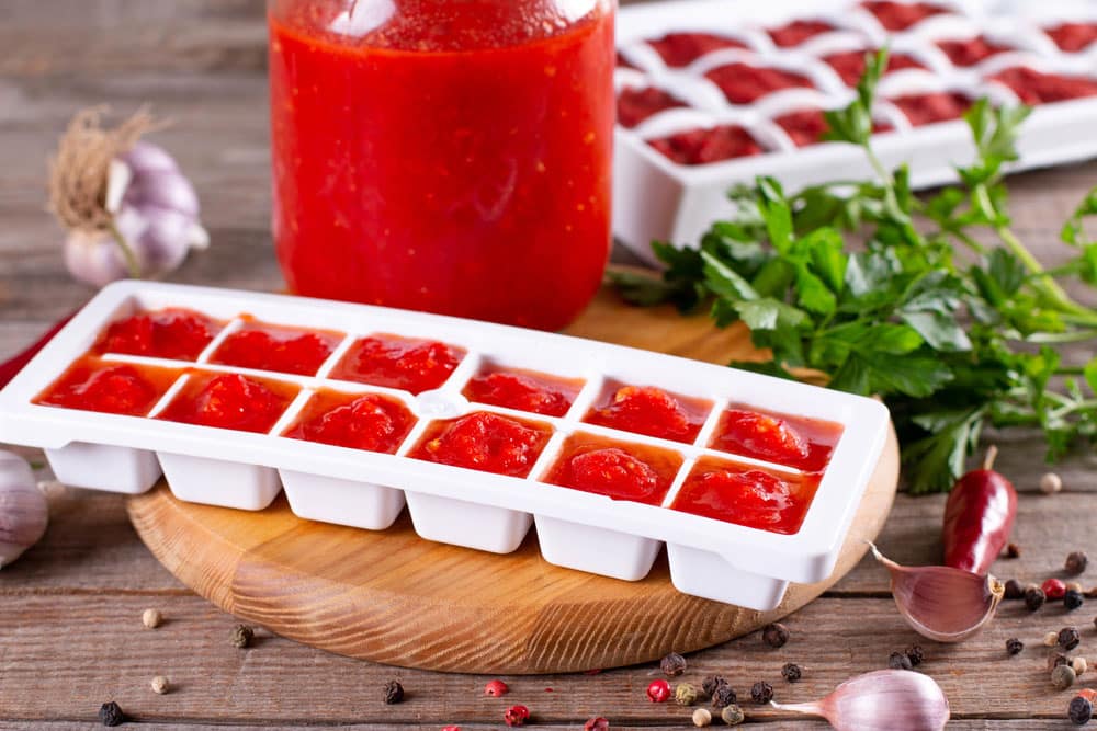 Frozen salsa sauce cubes in the plastic shape on wooden table