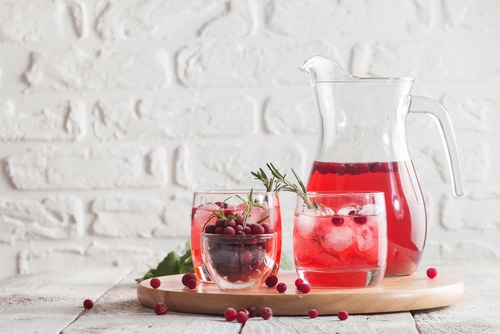 Refreshing drink with cranberries, ice and rosemary