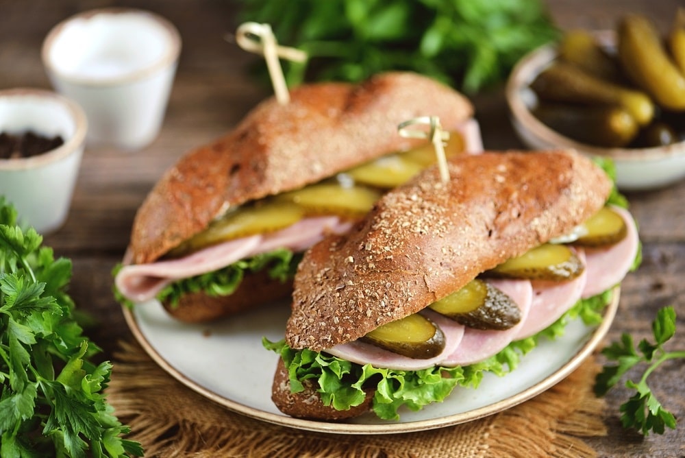 Healthy rye bun sandwiches with ham and pickle