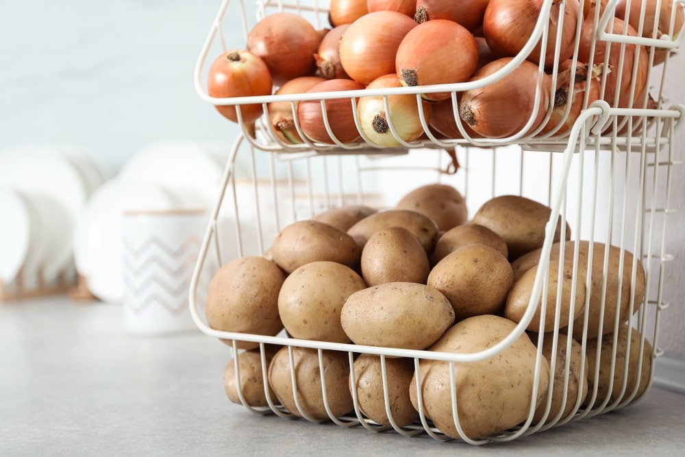 Container with potatoes and onions storage