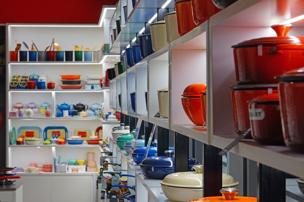 colorful Le Creuset cookware store