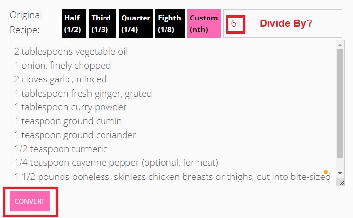 custom recipe divider custom divide input demo