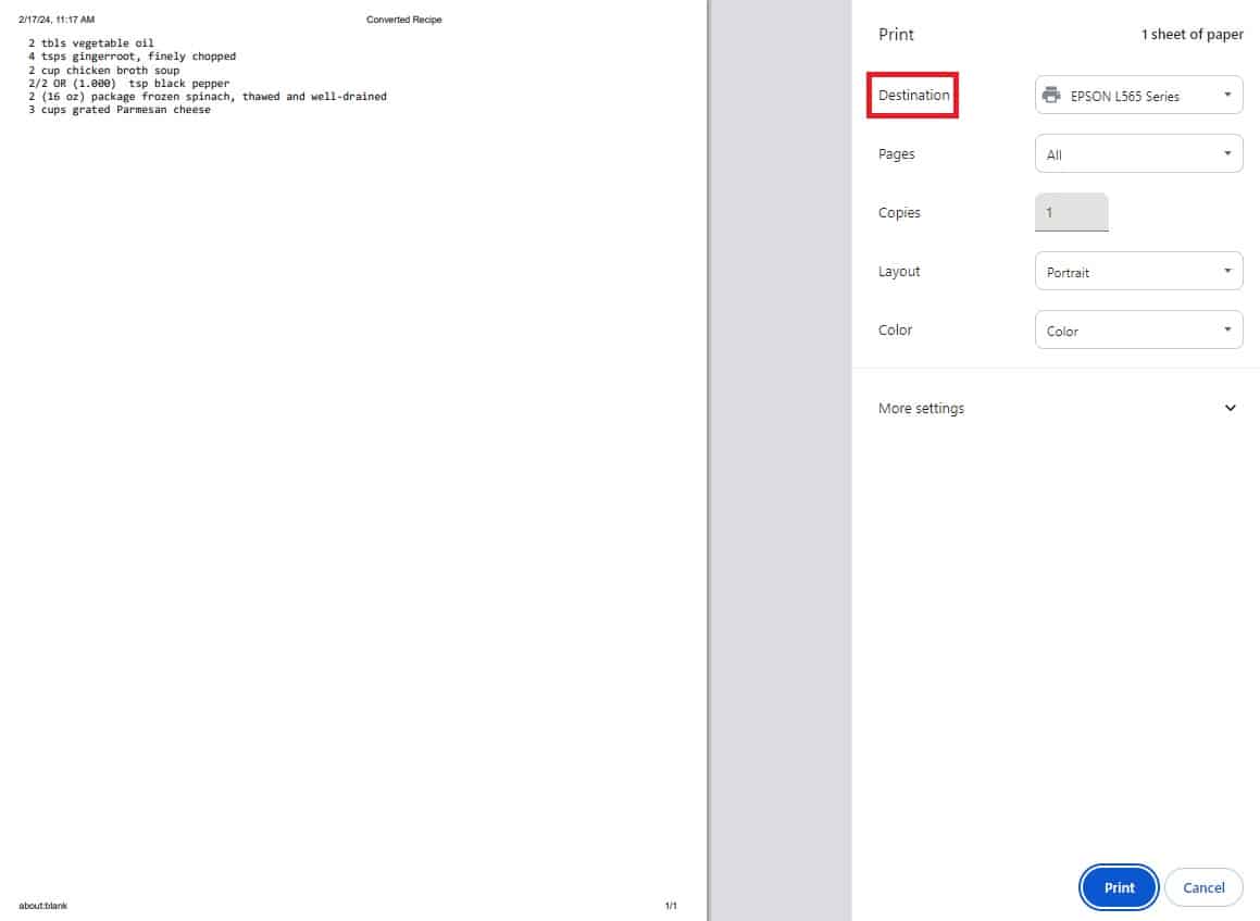 double recipe converter print function