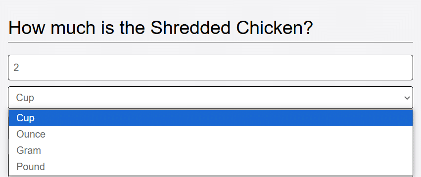 add shredded chicken amount and choose measurement