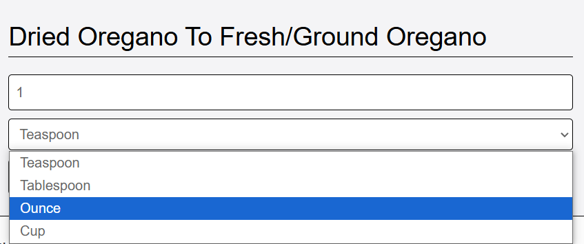 input oregano amount and choose measurement