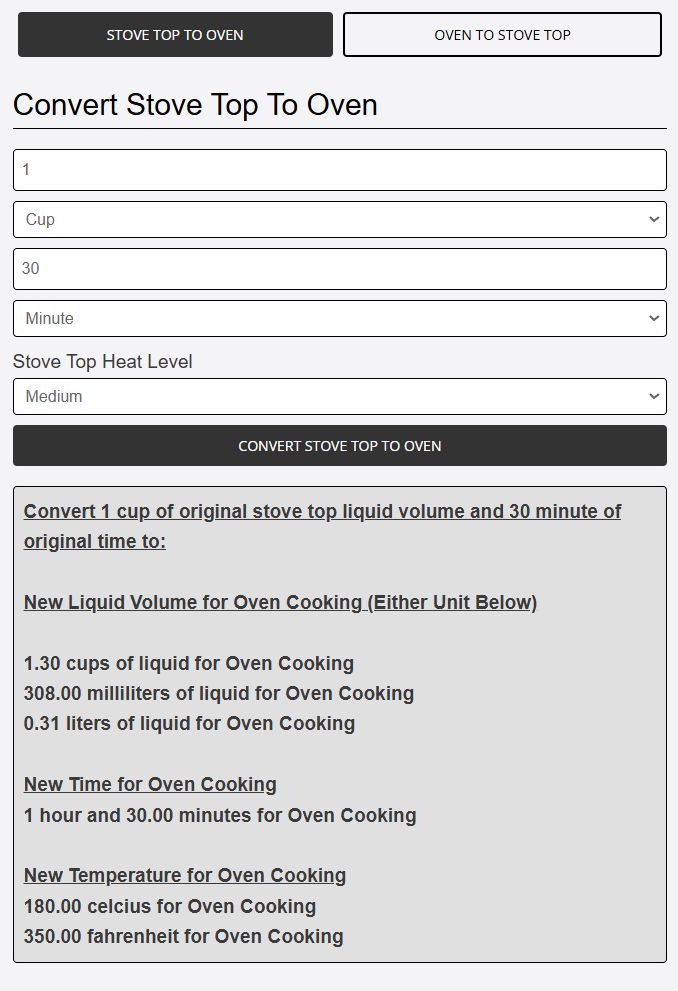 converted stove top recipe to oven recipe