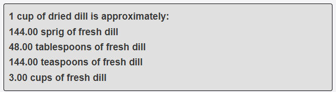 1 cup of dried dill is approximately