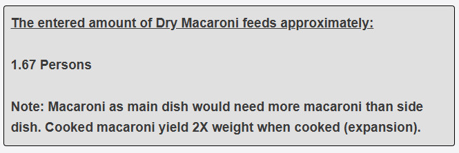 How many persons does a 1 cup (main dish) of macaroni feed