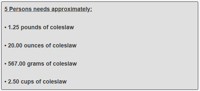 How much coleslaw is needed for 5 adult guests