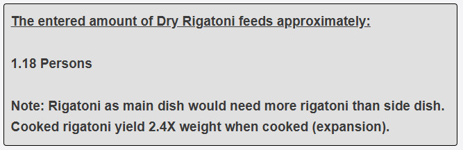 single cup of rigatoni as main dish feed