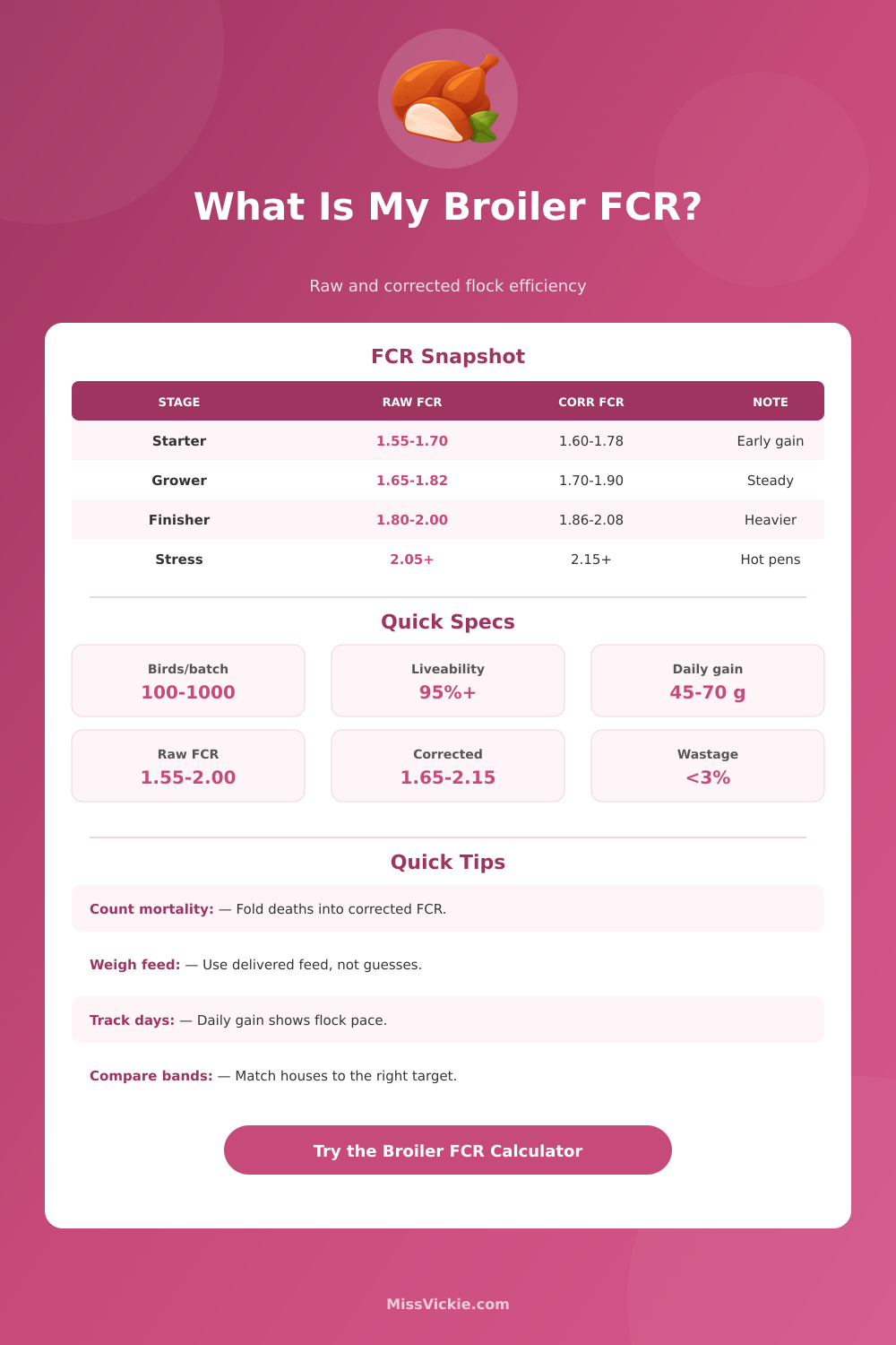 Broiler FCR Calculator: Raw and Corrected Feed Conversion