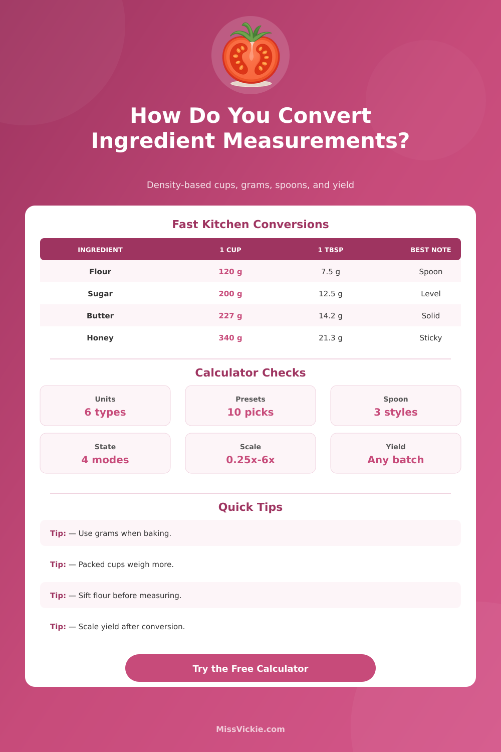 Ingredient Measurement Calculator for Grams, Cups, Tablespoons, Teaspoons, Milliliters, and Ounces