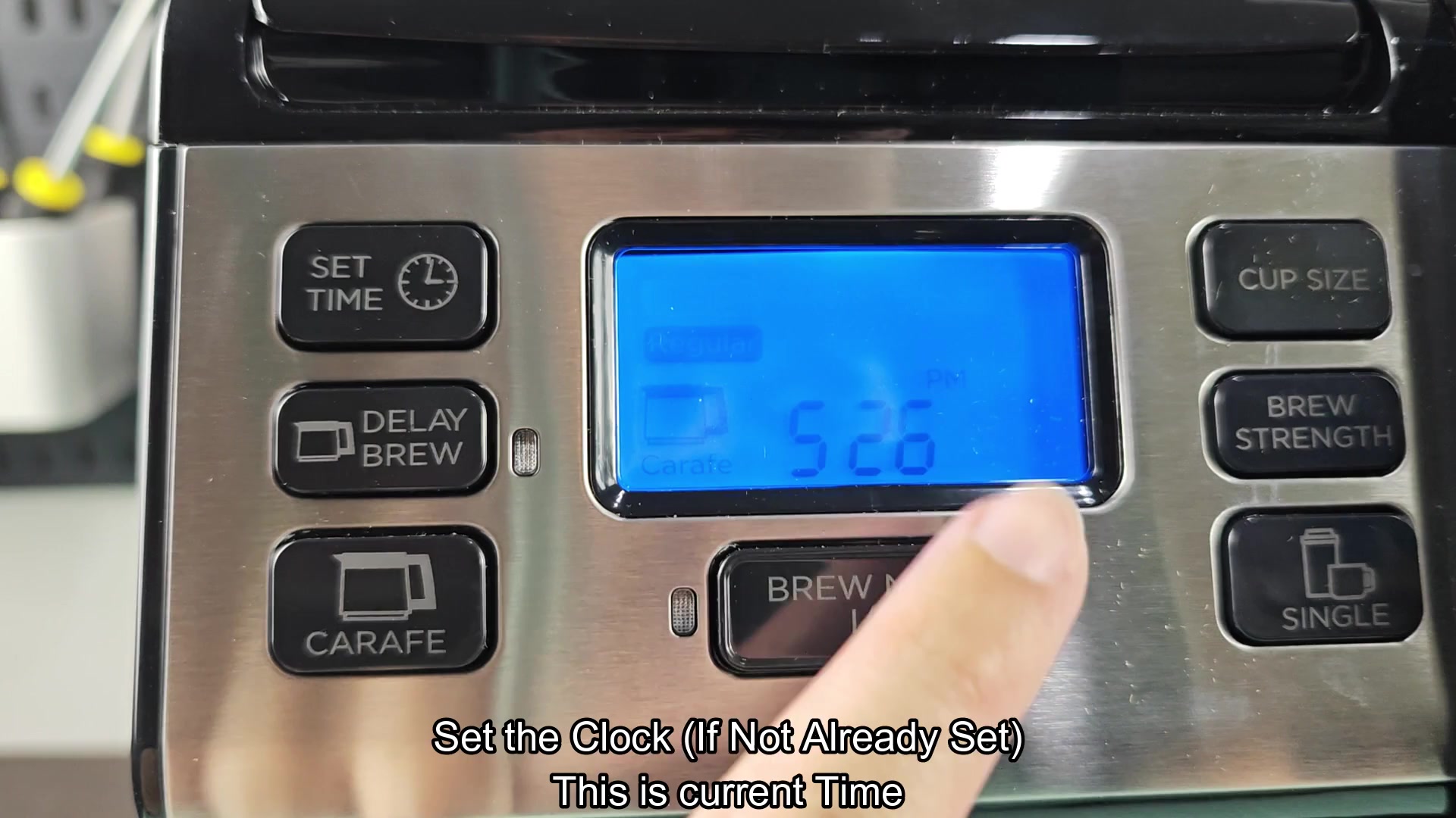 Clock set on blue LCD screen Clock set on blue LCD screen