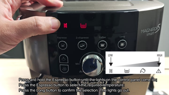 Espresso button held with red indicator lights Espresso button held with red indicator lights