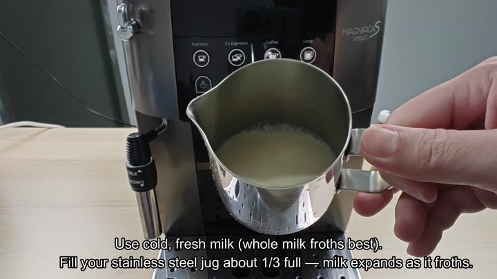 Fill milk jug one third with cold fresh milk Fill milk jug one third with cold fresh milk