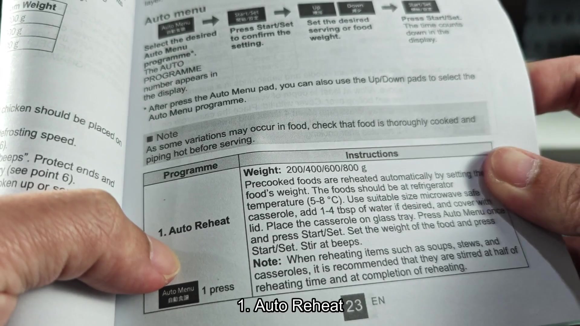 Instruction manual detailing Auto menu weight settings Instruction manual detailing Auto menu weight settings